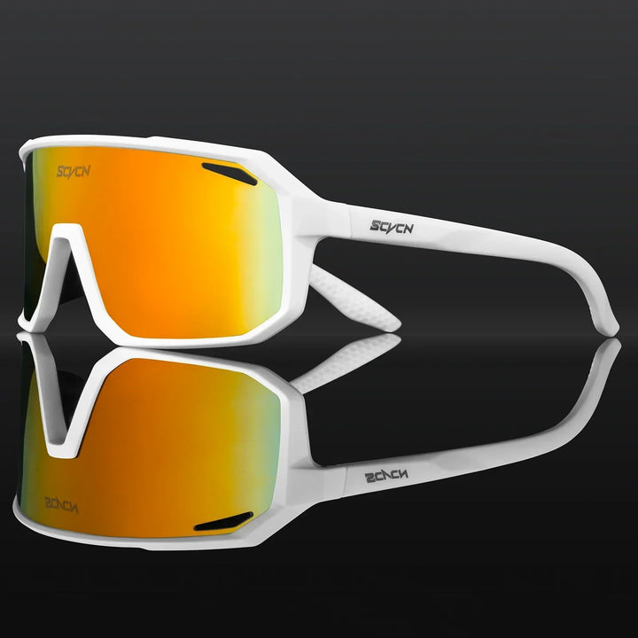 Lightweight protective UV400 lenses on sports eyewear for comfortable, long-duration cycling.
