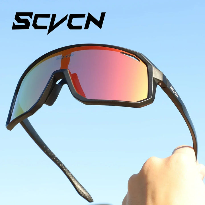 Close-up of protective UV400 lenses on mountain bike sunglasses, enhancing outdoor vision.