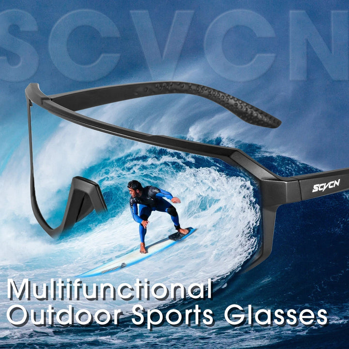 Model wearing UV400 mountain bike sunglasses, showcasing comfortable fit for cycling & running.