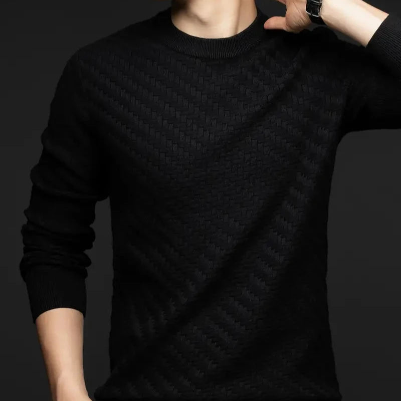 Person wearing a Valor textured knit unisex sweater, showcasing relaxed everyday style.