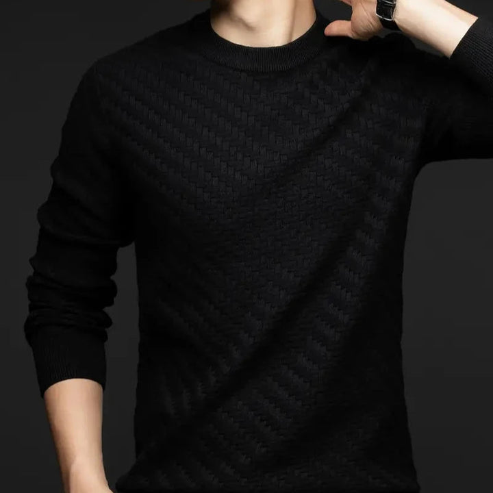Person wearing a Valor textured knit unisex sweater, showcasing relaxed everyday style.