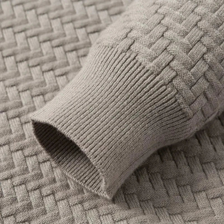 Coffee Valor knit pullover, a comfortable textured unisex sweater for stylish everyday looks.