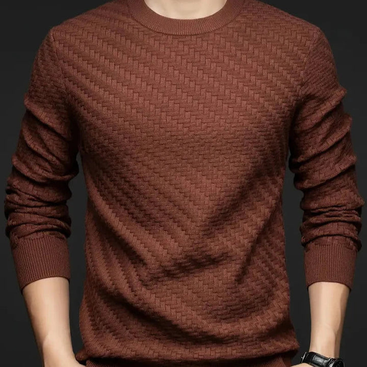 Close-up of the unique texture on the Valor unisex knit sweater, highlighting quality.