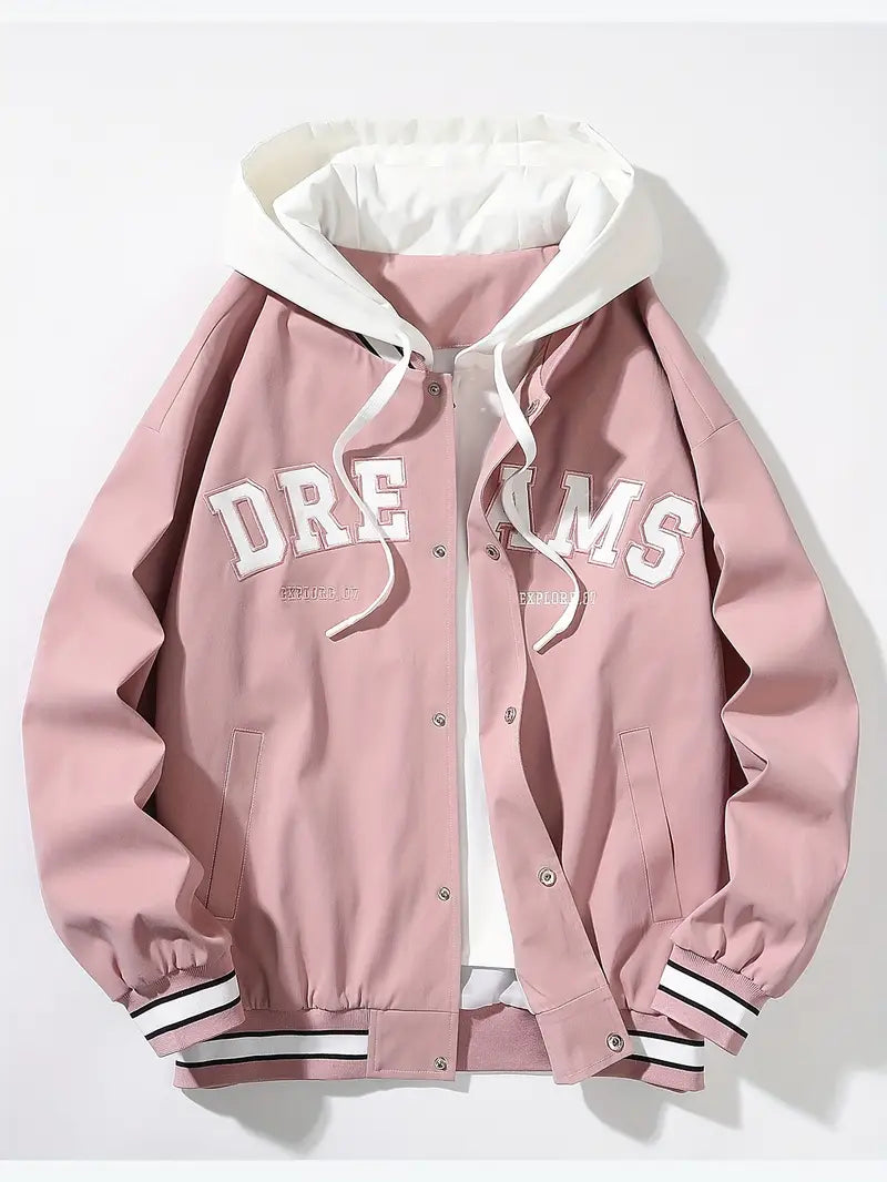 Unisex varsity style hoodie bomber jacket with layered hood, perfect for streetwear & casual autumn wear.