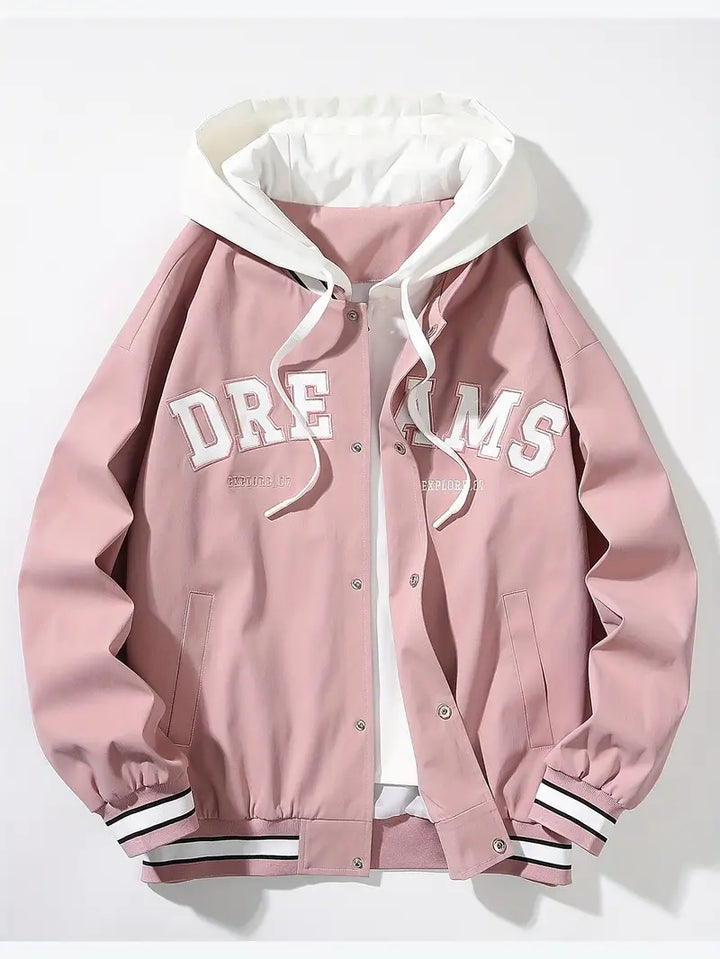 Unisex varsity style hoodie bomber jacket with layered hood, perfect for streetwear & casual autumn wear.