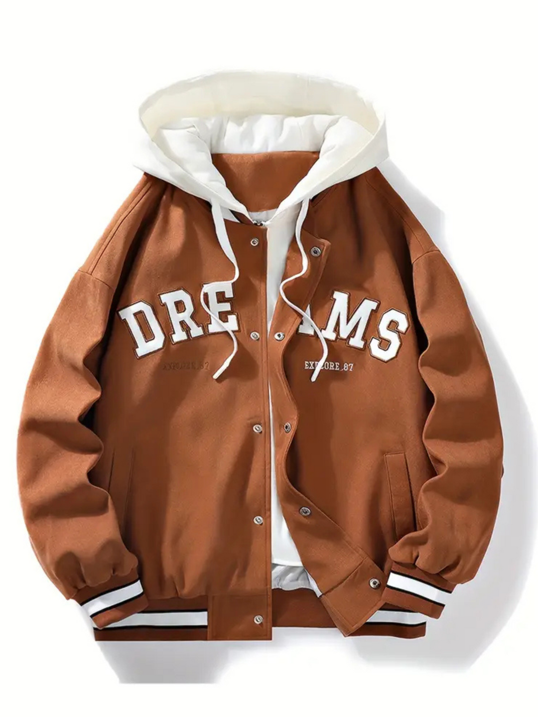 Modern streetwear unisex hoodie bomber jacket, varsity style with unique embroidered details.