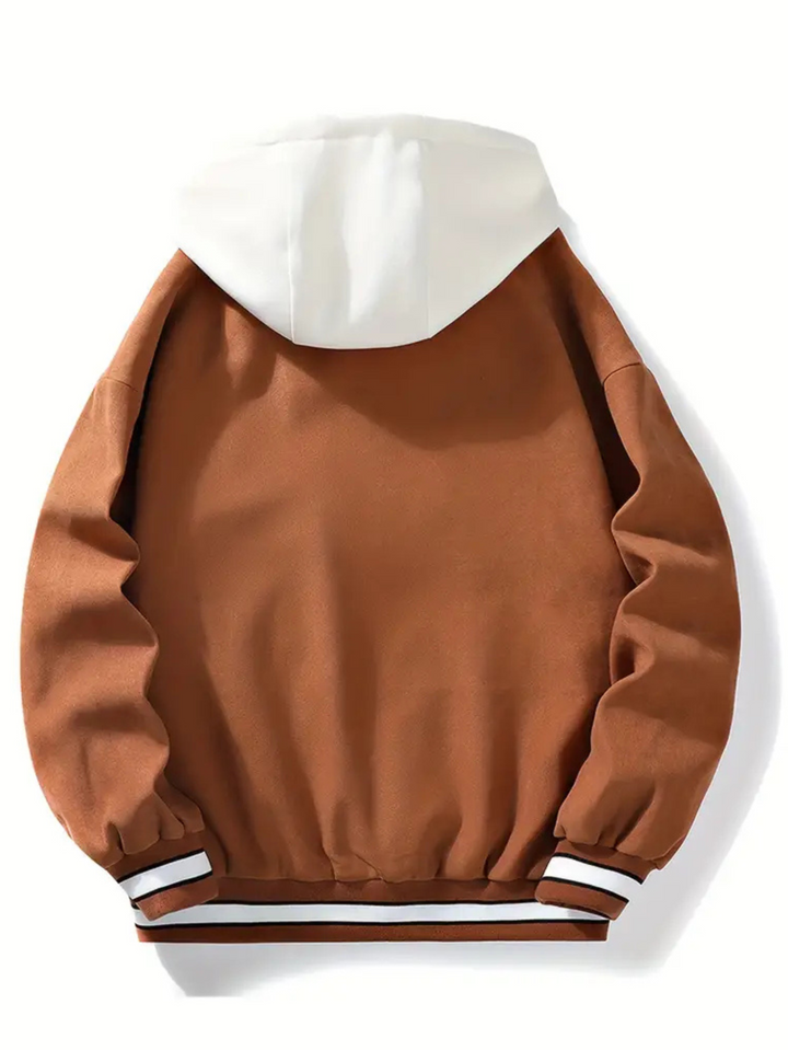 Comfortable unisex varsity bomber jacket with a layered hood, ideal for casual autumn and spring outfits.