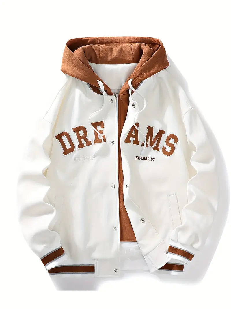 Fashion-forward unisex varsity style hoodie bomber jacket, perfect for adding a casual edge to any look.
