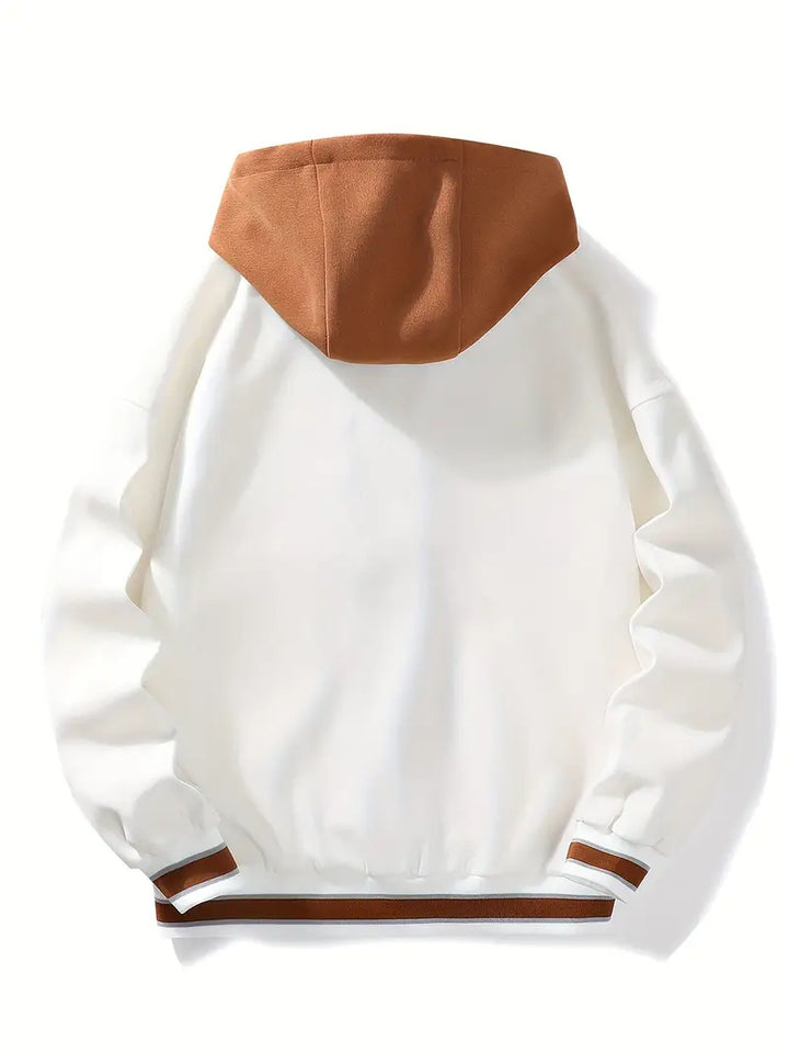 Unisex casual jacket: Varsity bomber with hoodie, a staple for autumn and spring outerwear collections.