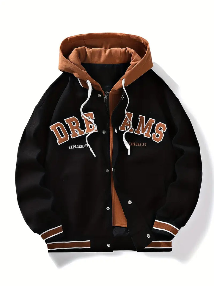 Embroidered varsity hoodie bomber, a modern unisex jacket for streetwear and contemporary casual fashion.