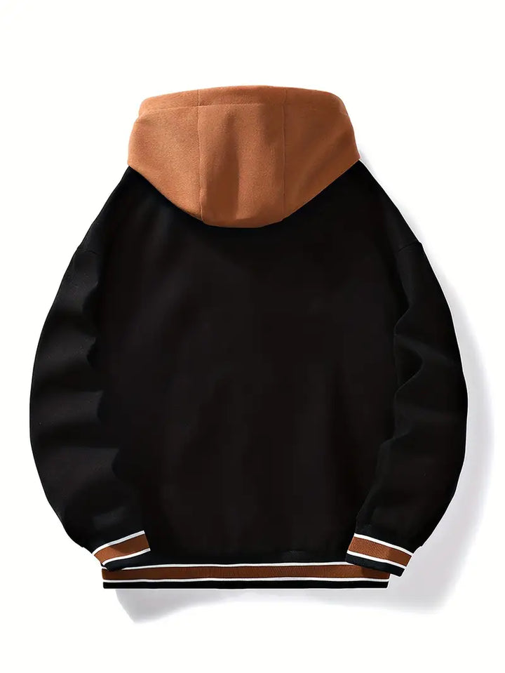 Unisex outerwear: Varsity style bomber jacket featuring a hoodie, suitable for casual autumn & spring fashion.