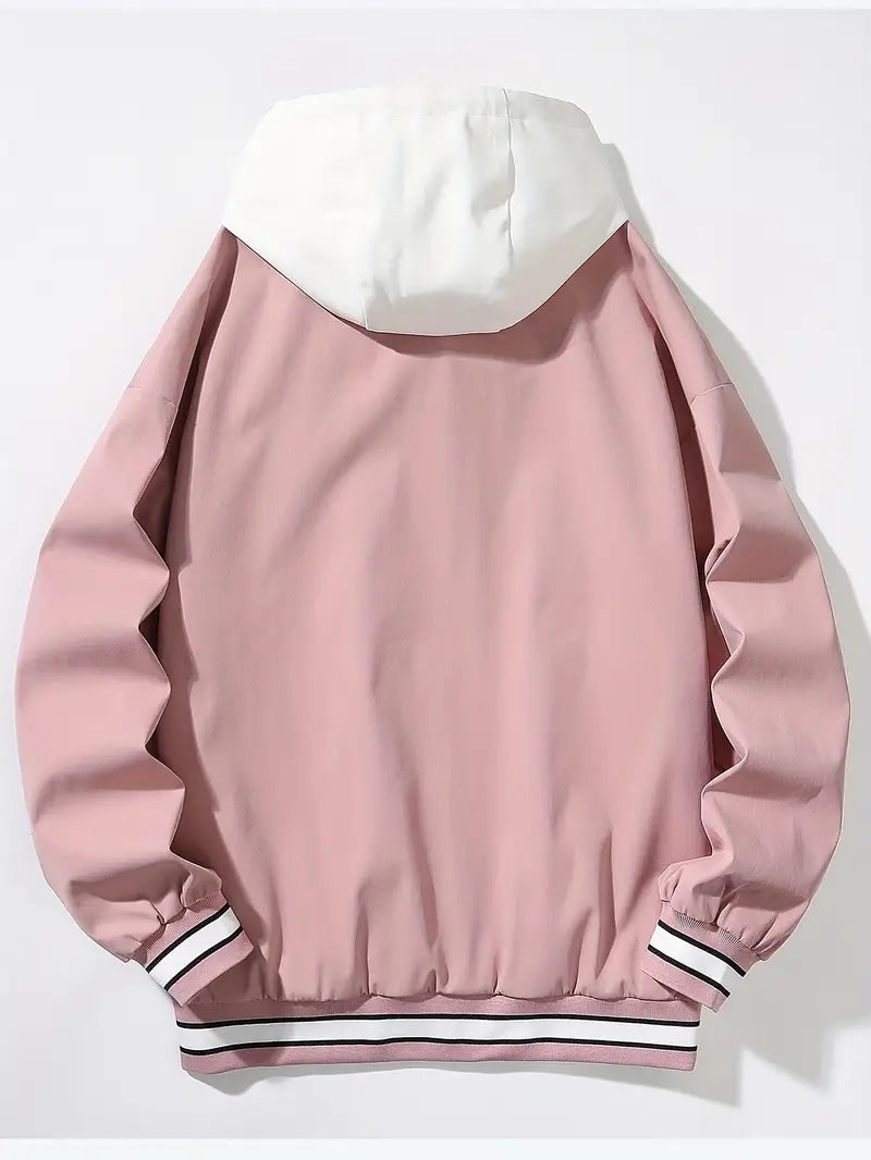 Modern unisex bomber jacket featuring a varsity design & comfortable layered hood for stylish outerwear.