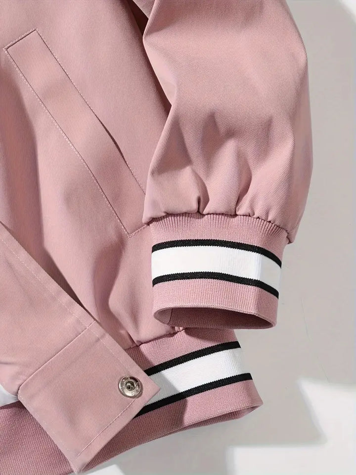 Stylish unisex hoodie bomber jacket, varsity style with a layered hood, ideal for modern streetwear.