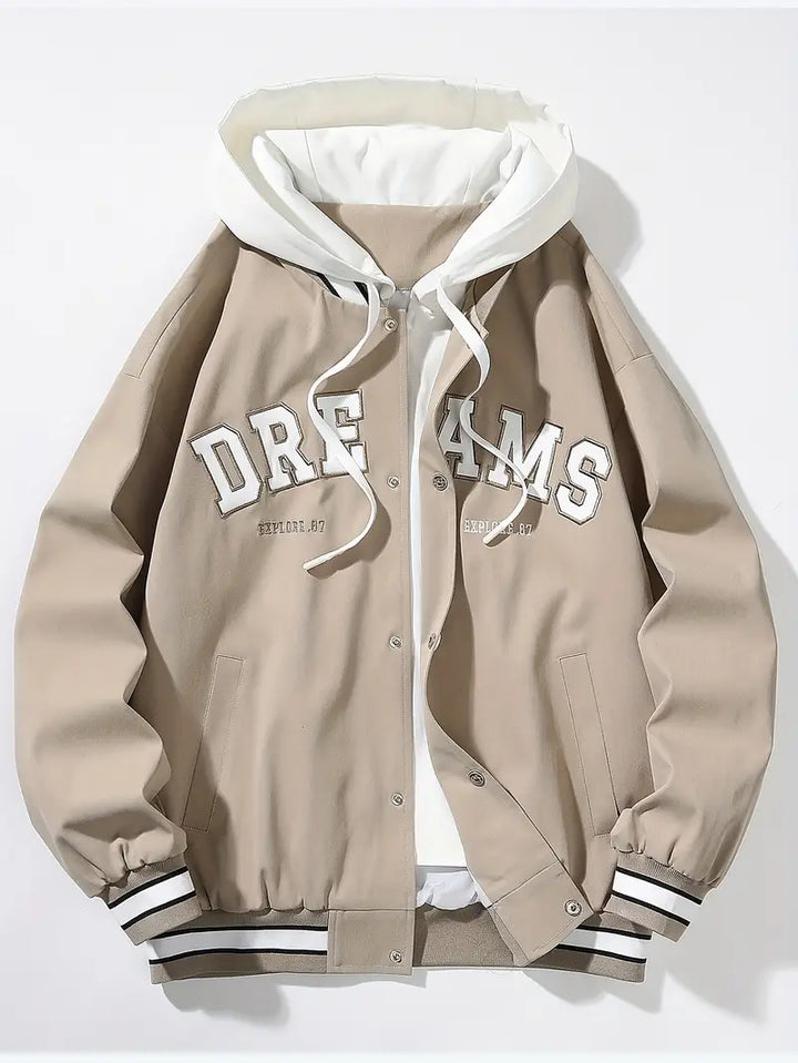 Spring ready unisex bomber jacket, varsity style with a hoodie. Perfect casual outerwear for men & women.