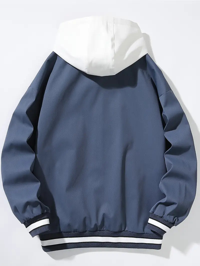 Trendy unisex varsity jacket with a hoodie, versatile bomber for casual spring & autumn outerwear.