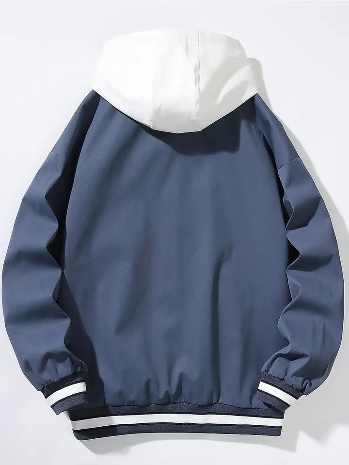 Trendy unisex varsity jacket with a hoodie, versatile bomber for casual spring & autumn outerwear.