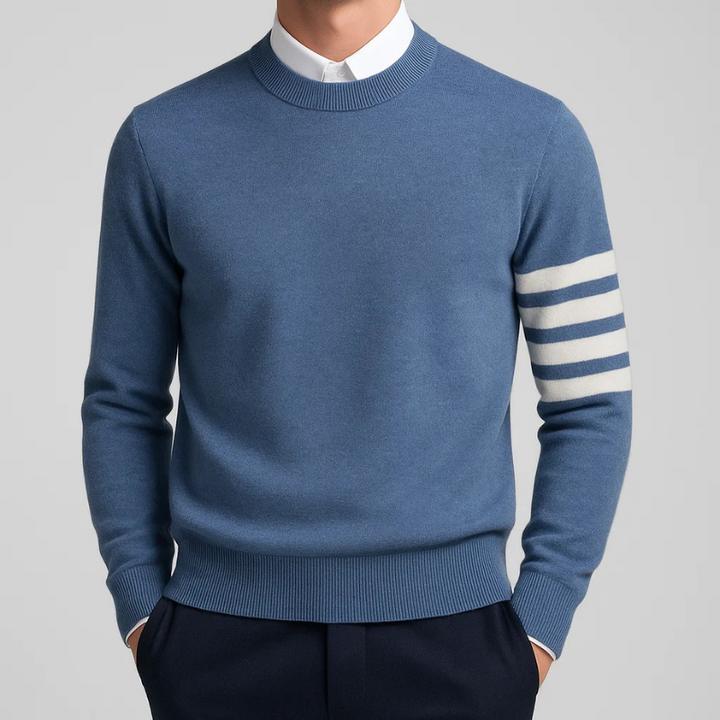 Unisex Varsity Style Knit Pullover with striped sleeves. Comfortable knit sweater for a casual, relaxed fit.