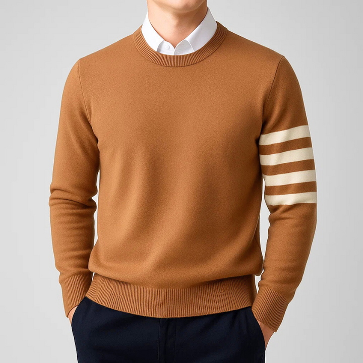 Classic Varsity Style Knit Pullover featuring bold striped sleeves. A warm unisex sweater for winter fashion.