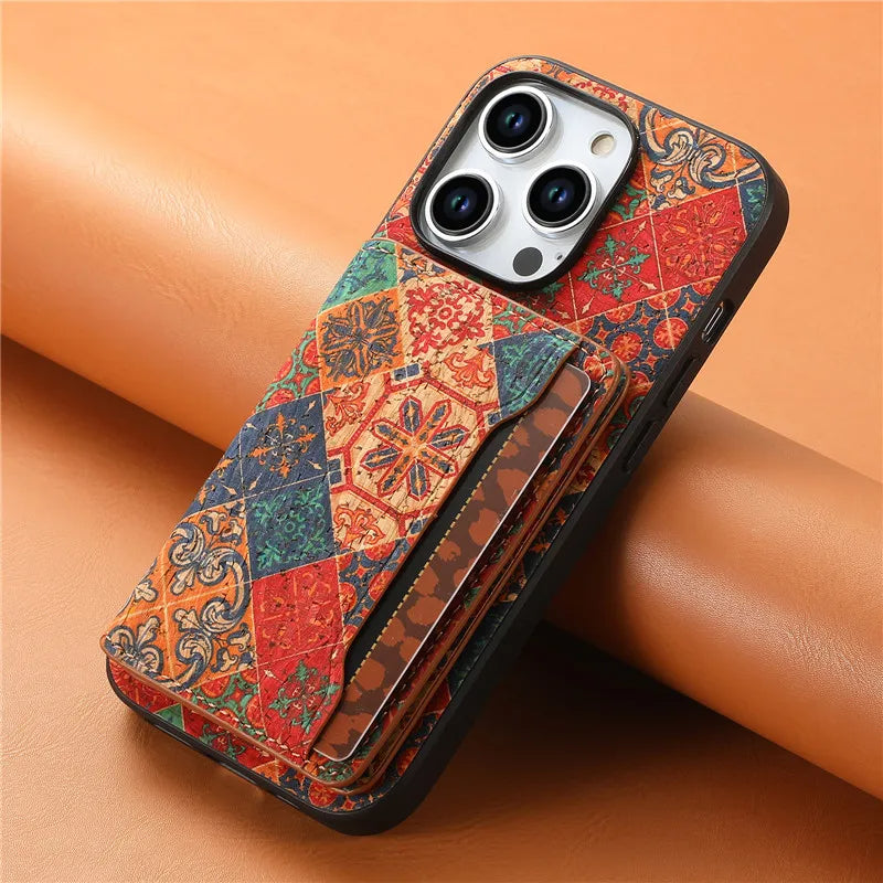 Durable unisex iPhone wallet case featuring a vibrant botanical print, crafted from premium vegan leather.