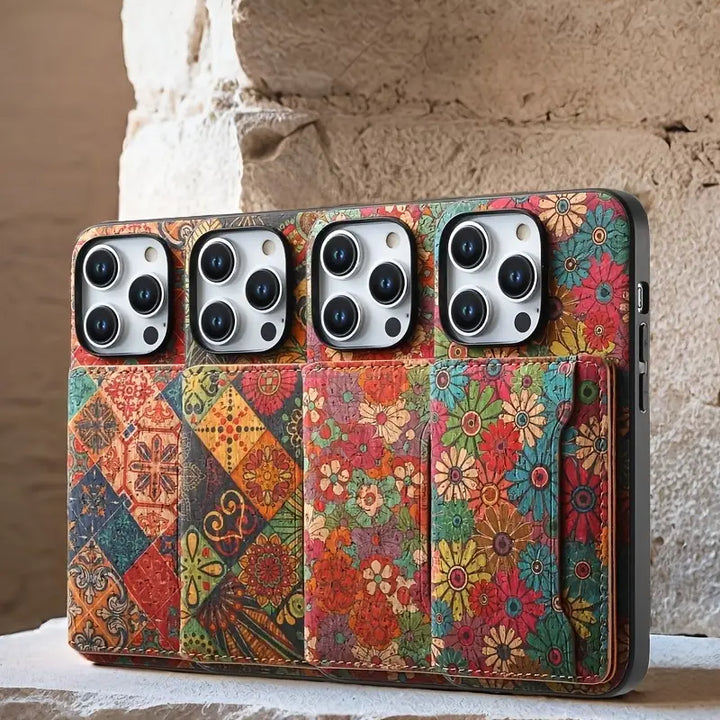 Elegant boho floral pattern vegan leather iPhone case; serves as wallet, card holder, & offers full protection.