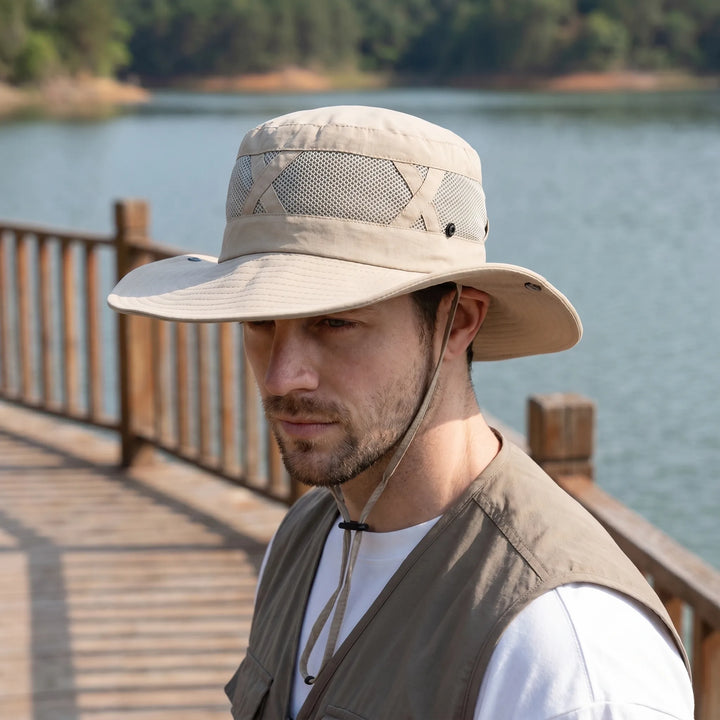 Unisex ventilated wide brim fishing hat in khaki, ideal for sun protection during fishing & outdoor activities.