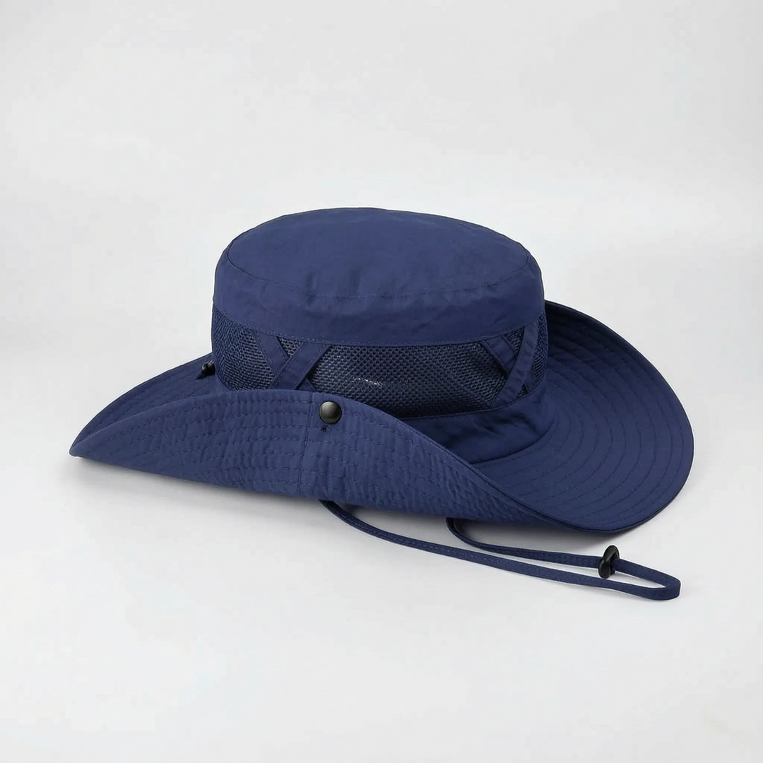 Ventilated outdoor hat, wide brim design for maximum sun protection during fishing, boating, & camping.