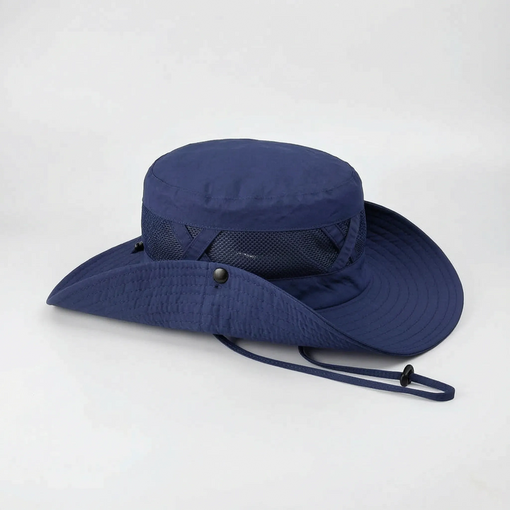 Ventilated outdoor hat, wide brim design for maximum sun protection during fishing, boating, & camping.