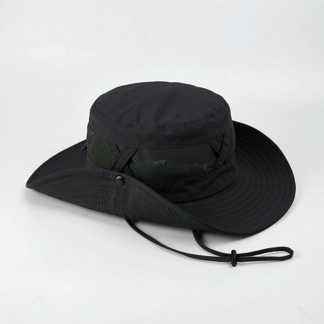 Stylish wide brim sun hat in neutral color, offering UV protection for fishing, beach, or gardening.