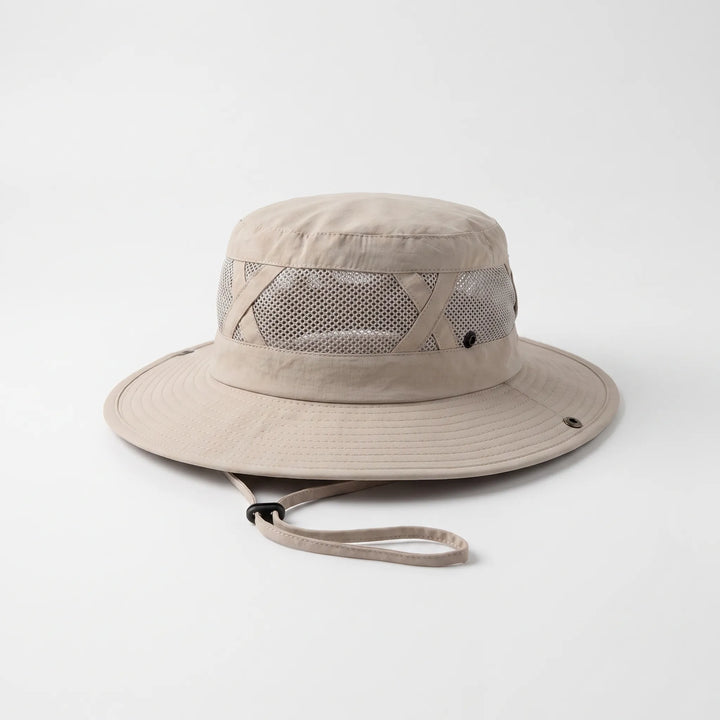 Adjustable wide brim sun hat with UV protection, perfect for hiking, travel, and beach days.