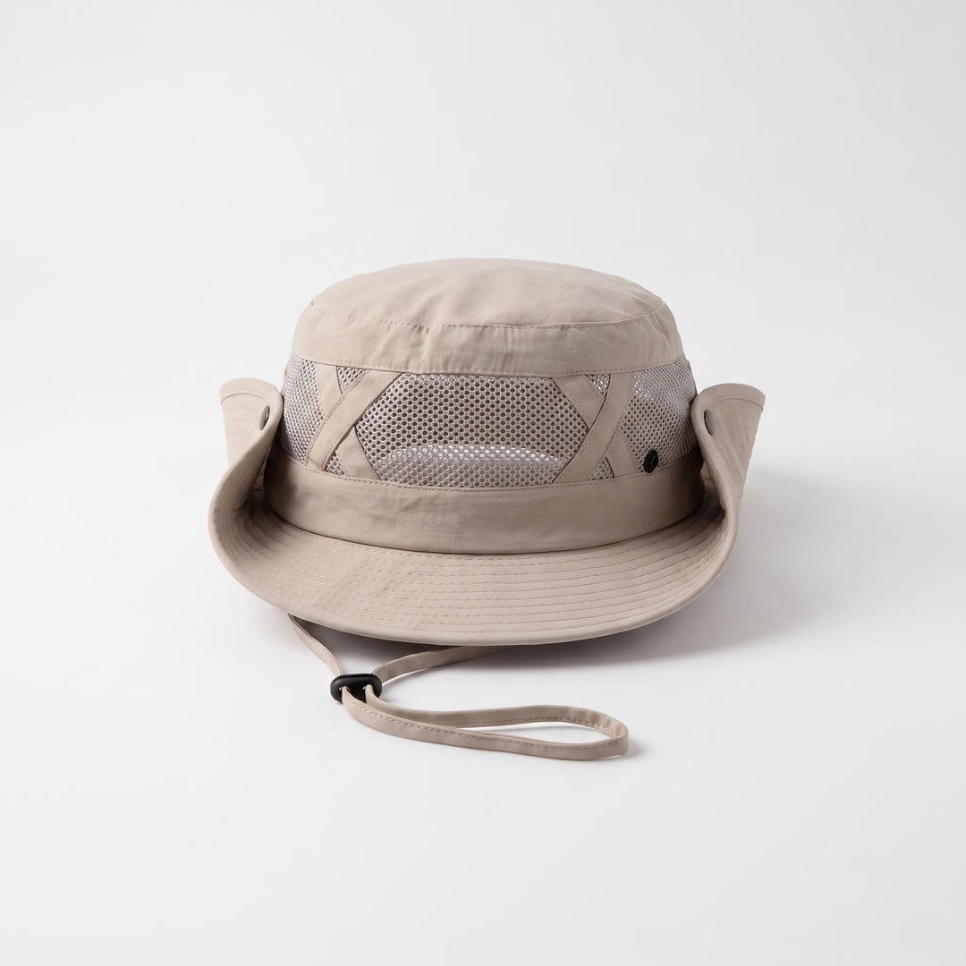 Travel-friendly wide brim hat with ventilation, essential for sun protection on fishing & hiking trips.
