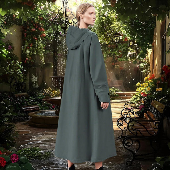 Veridra long raincoat that is unisex, packable, and waterproof. An essential outerwear garment.