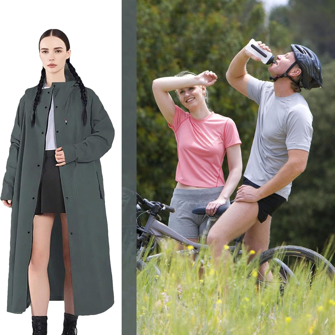 Veridra long raincoat folded neatly, highlighting its lightweight and packable design for easy storage