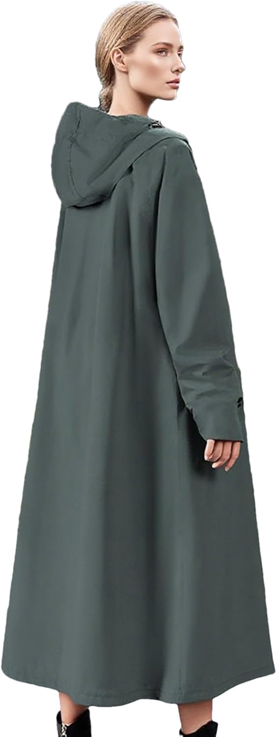 Unisex Veridra long raincoat with hood, waterproof and windproof, shown protecting user from elements