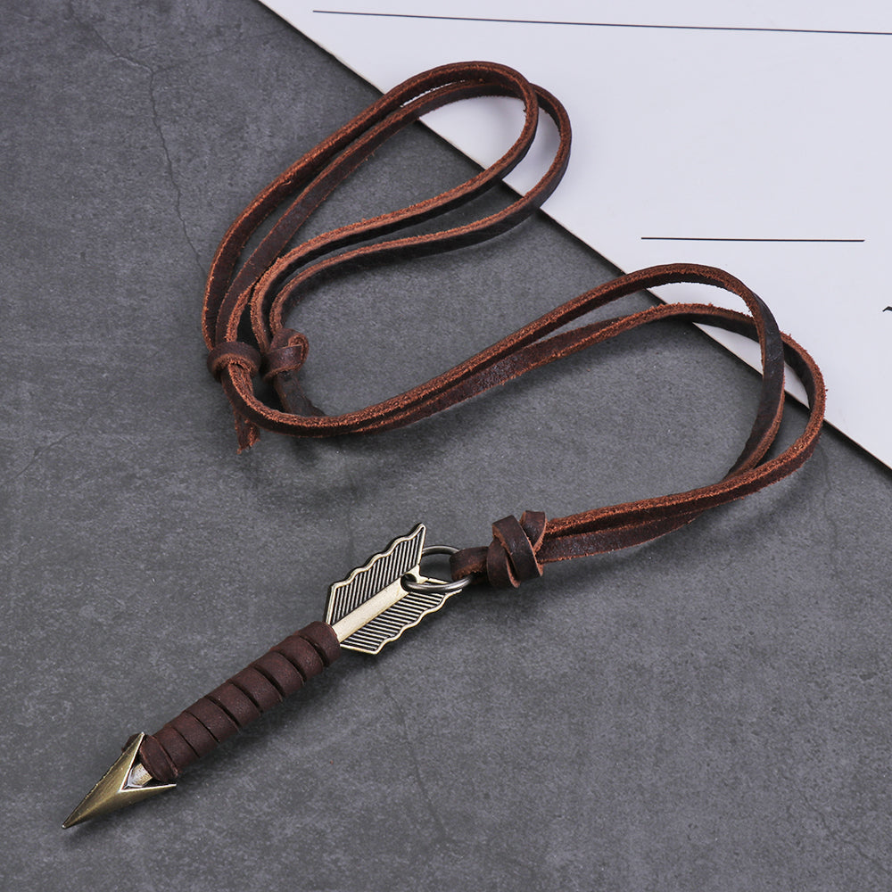 Handcrafted leather necklace featuring a vintage arrow pendant, suitable for any gender.