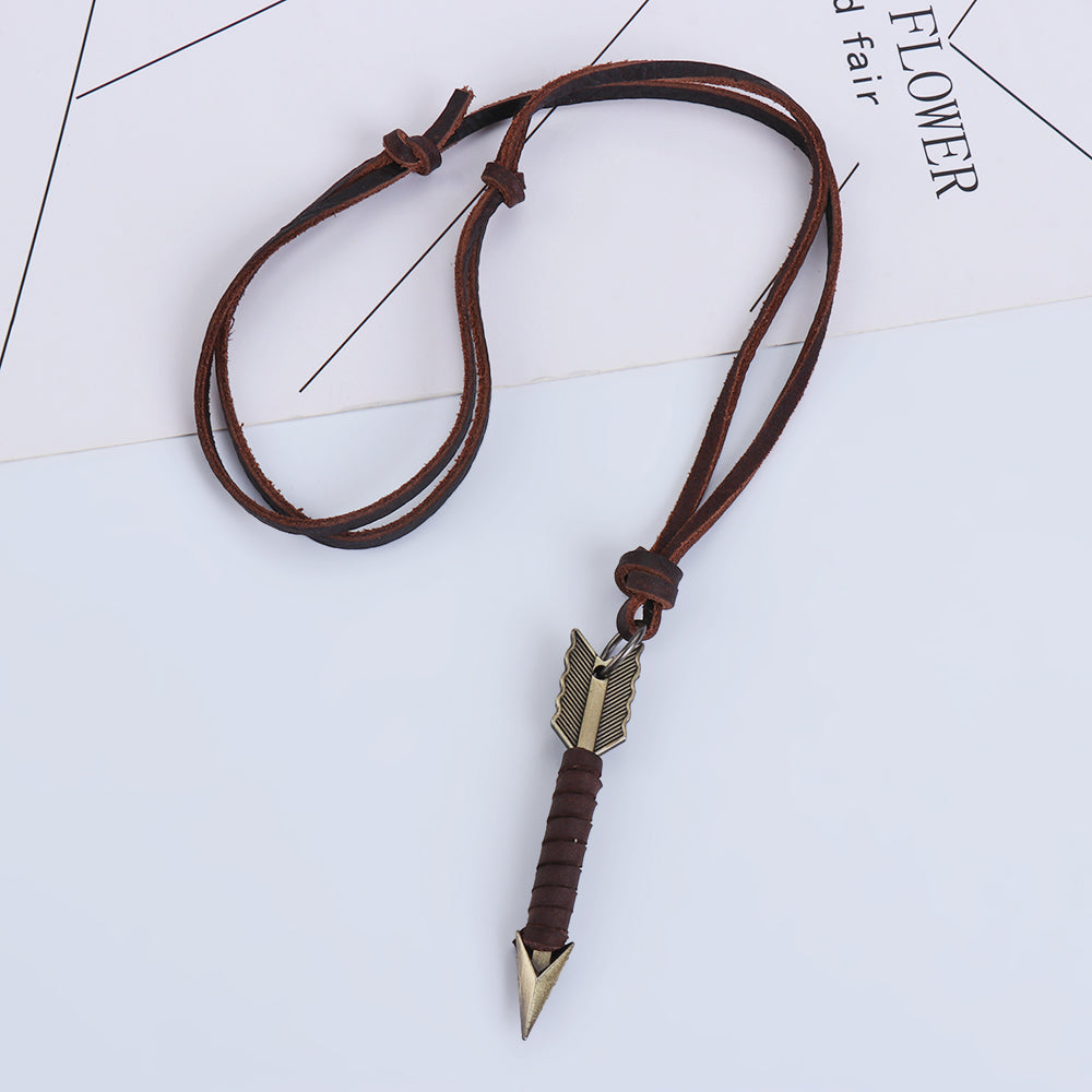 Rustic vintage leather arrow pendant necklace, unisex handcrafted accessory for everyday wear.