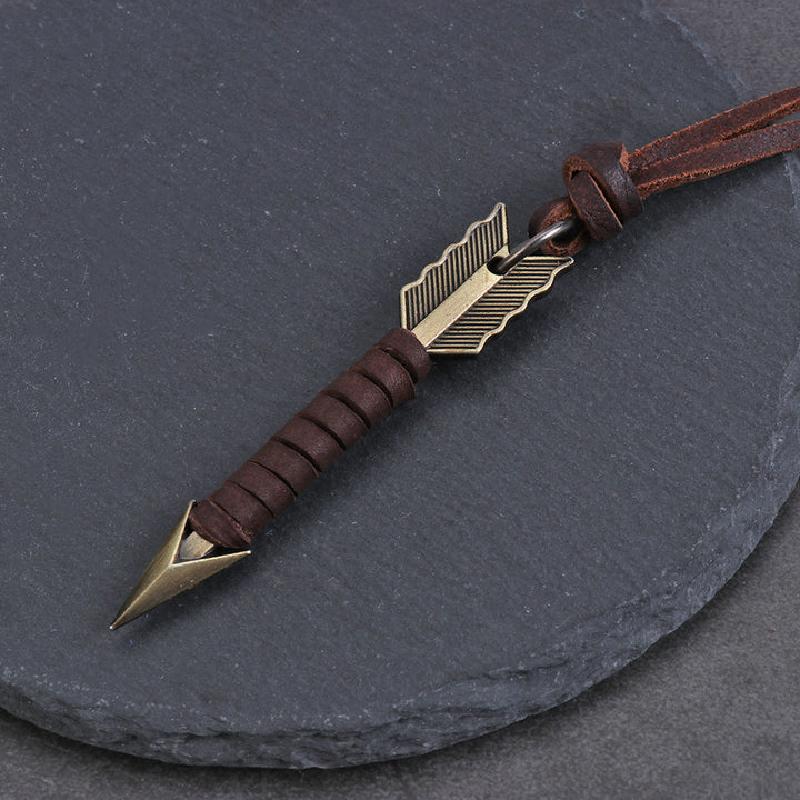 Women's bohemian vintage leather necklace with an arrow pendant, unique handcrafted jewelry.