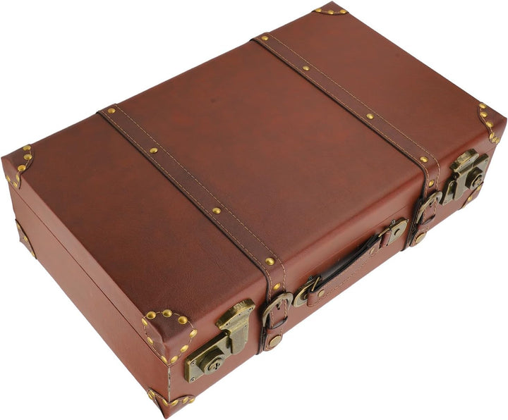 Closed unisex vintage leather overnight case with shiny alloy lock, top handle, ideal carryon