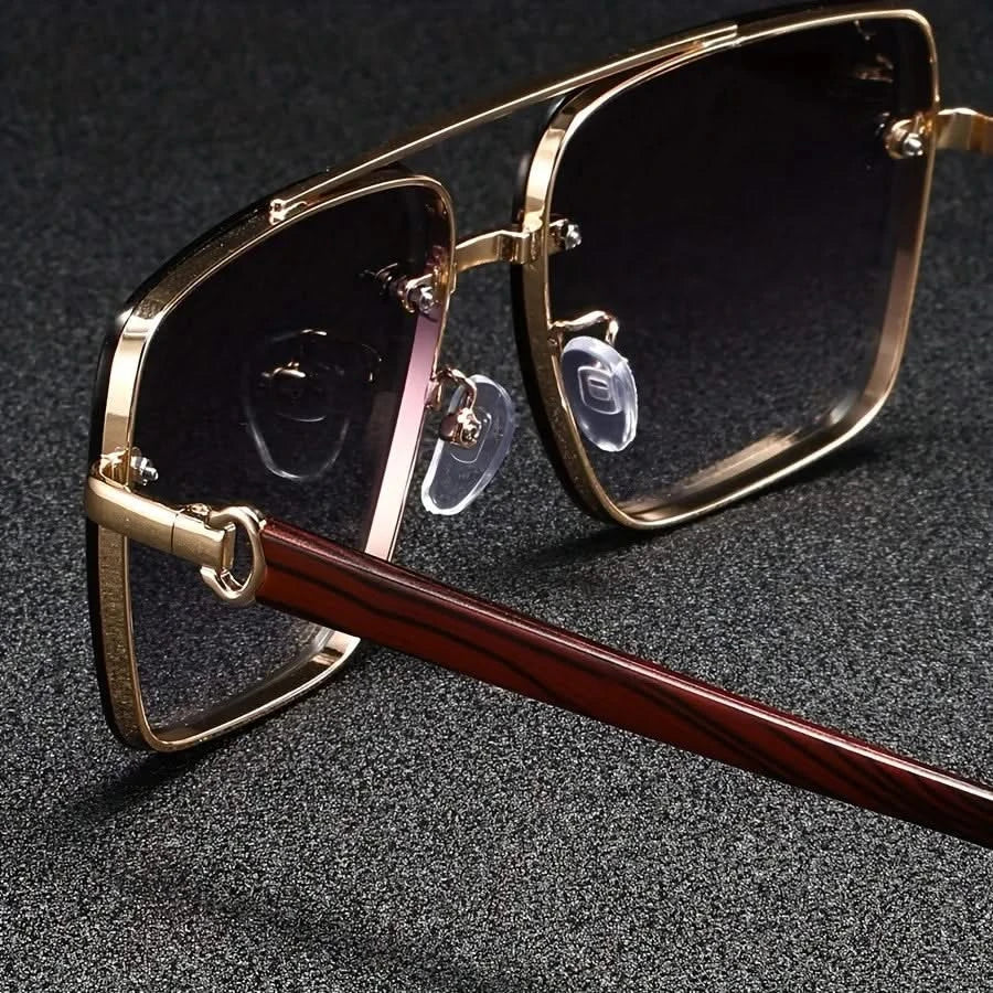 Square frame unisex sunglasses, retro metal design with wooden arms, anti-glare for daily wear.