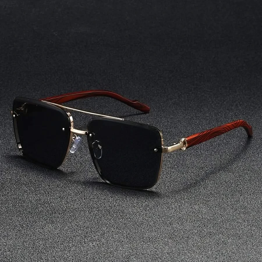 Stylish unisex shades: vintage metal frame sunglasses with unique wooden arms. Square design, UV-protected.