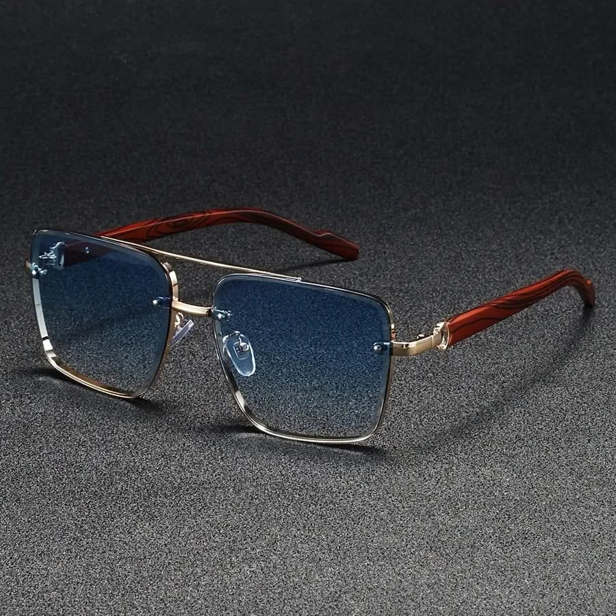 Versatile unisex retro sunglasses, metal square frame, wooden arms. Anti-glare and UV protection eyewear.