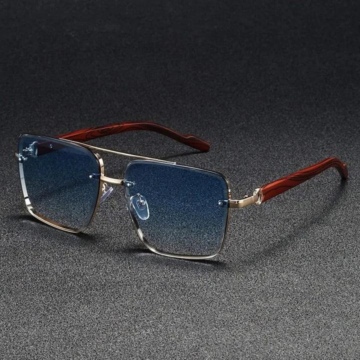 Versatile unisex retro sunglasses, metal square frame, wooden arms. Anti-glare and UV protection eyewear.