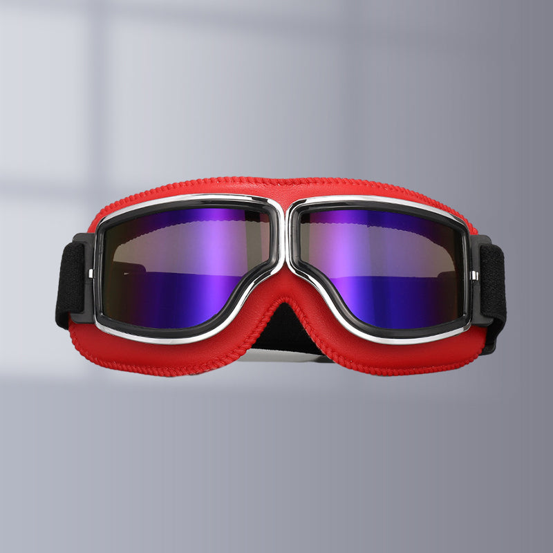 Unisex classic motorcycle goggles, brown leatherette trim, for a timeless rider look.