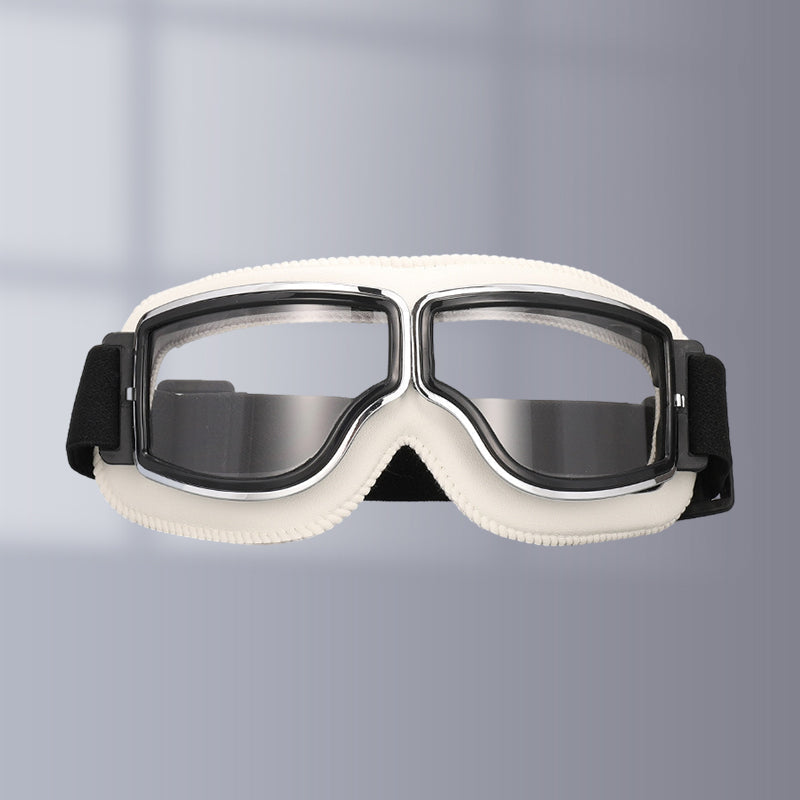 Vintage-style motorcycle goggles with clear lenses, perfect for night riding & protection.