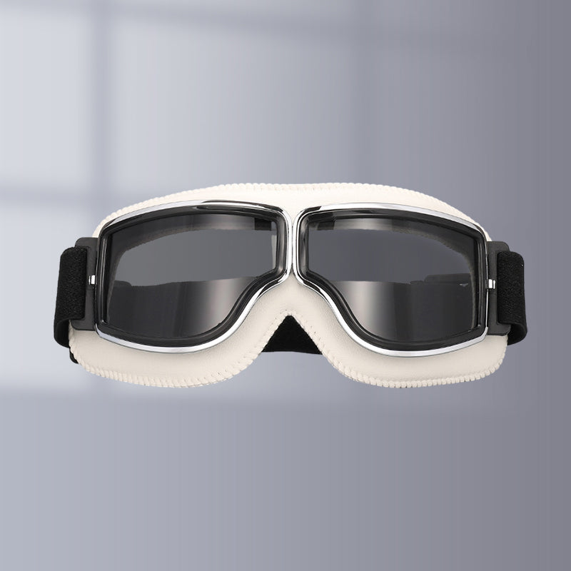 Black framed retro motorcycle goggles, comfortable fit for all outdoor sports.