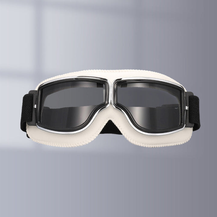 Black framed retro motorcycle goggles, comfortable fit for all outdoor sports.