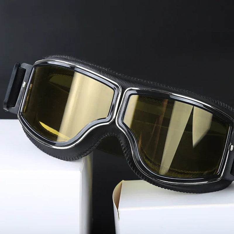 Vintage eyewear: Unisex motorcycle goggles with tinted lenses for sun glare.