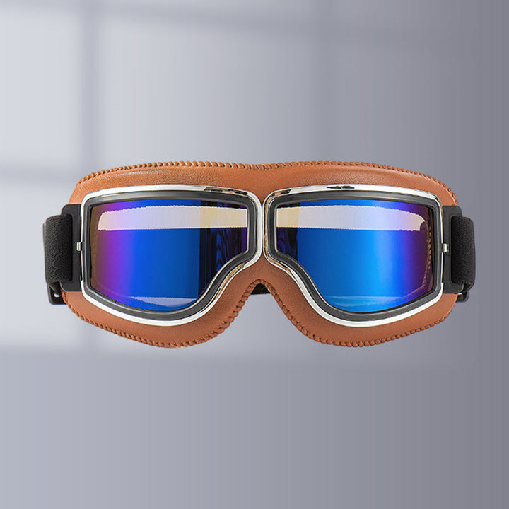 Premium vintage motorcycle goggles, spectacle-friendly, ideal for outdoor riding.