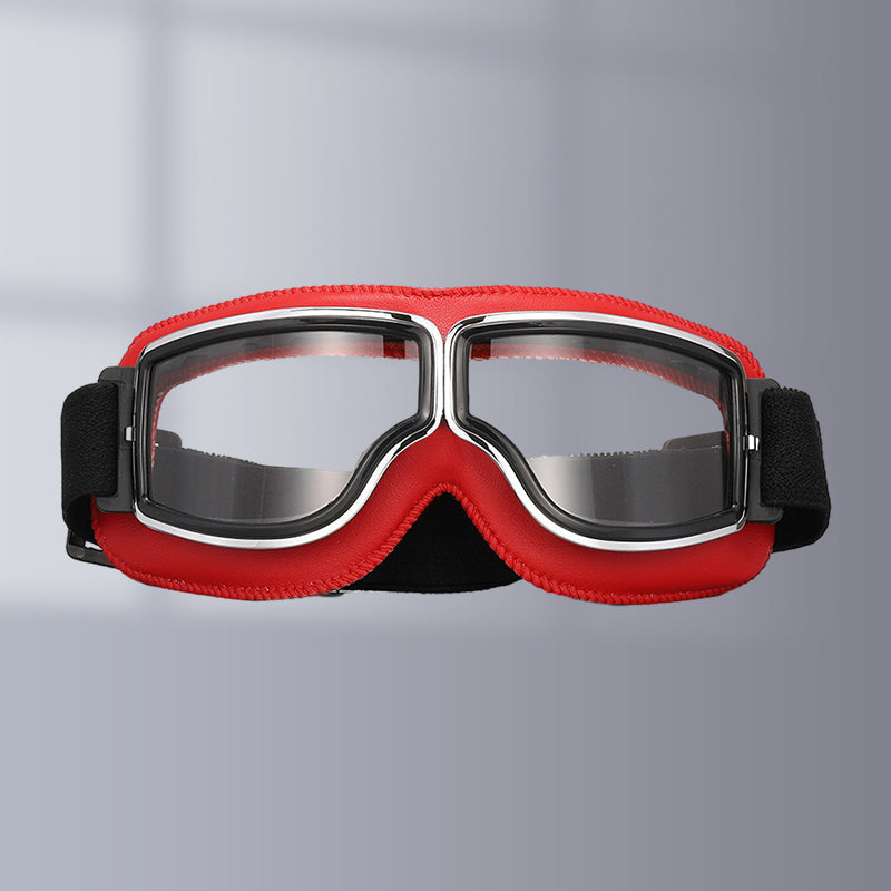 Classic motorcycle goggles with anti-fog lenses for clear vision & wind protection.