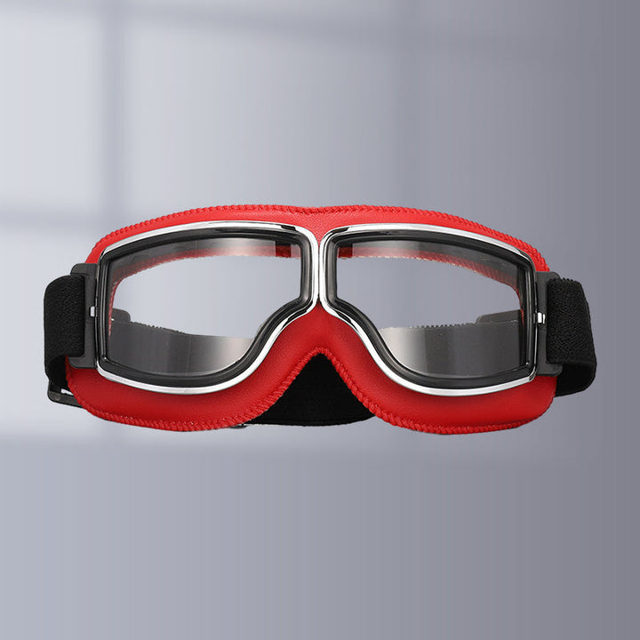 Classic motorcycle goggles with anti-fog lenses for clear vision & wind protection.