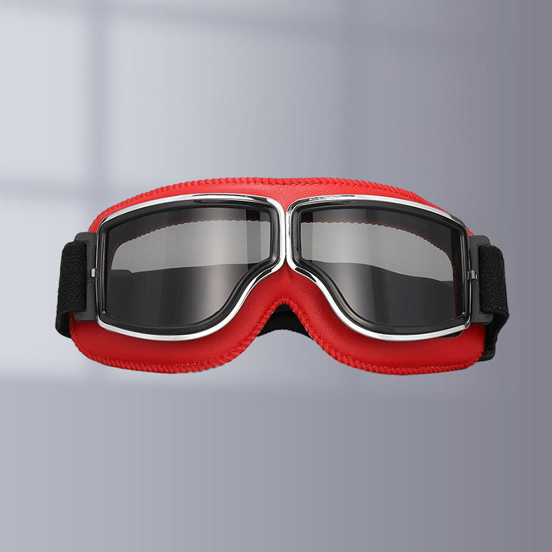 Retro chrome-framed motorcycle goggles, adjustable strap, UV protected lenses.